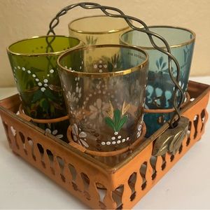 Vintage Hand Painted Glass Tumblers In Metal Carrier ~ Rare Very Unique